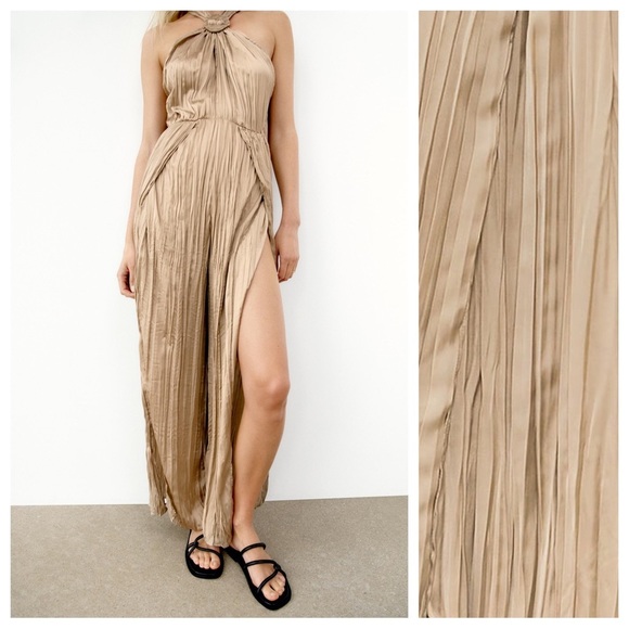 NWT. Zara Stone Satin Effect Wrinkle Look Halter Jumpsuit. Size XS. - Picture 2 of 11